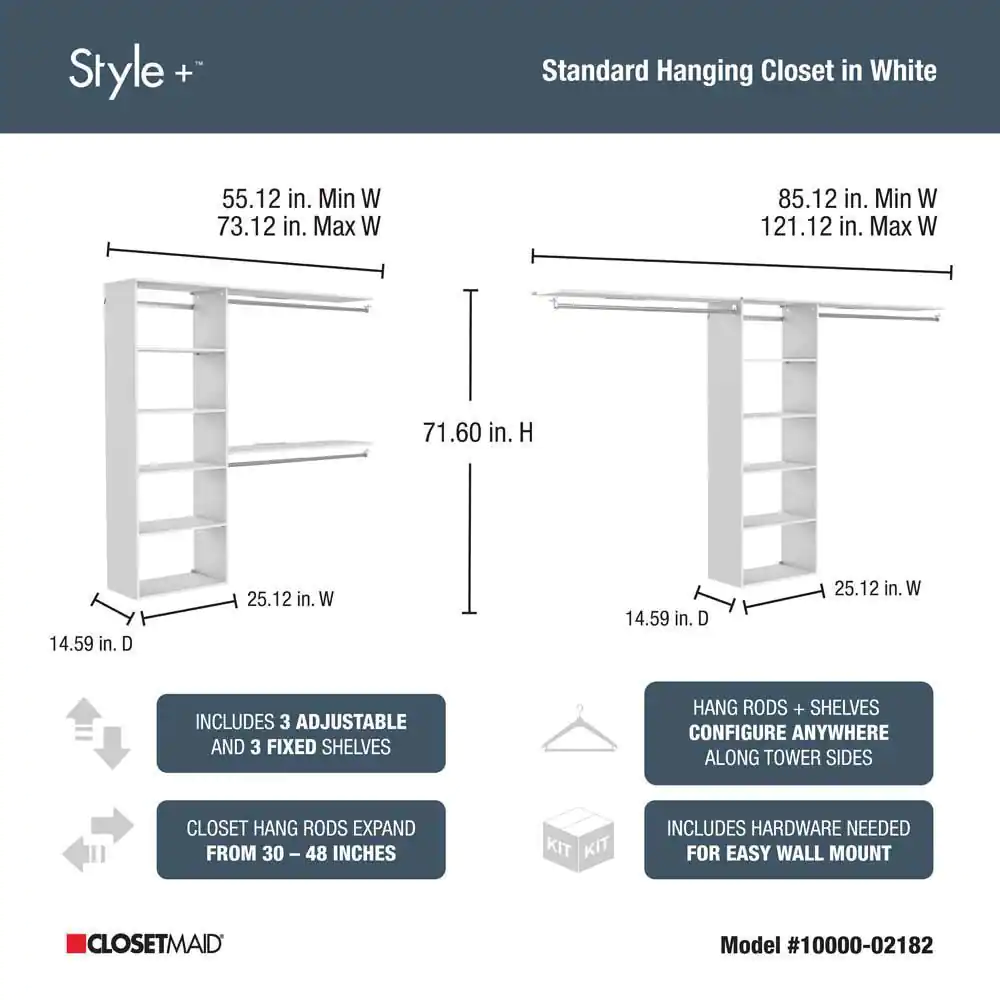 ClosetMaid Style+ 55.12 in. W - 121.12 in. W White Hanging Wood Closet System Kit with Top Shelves