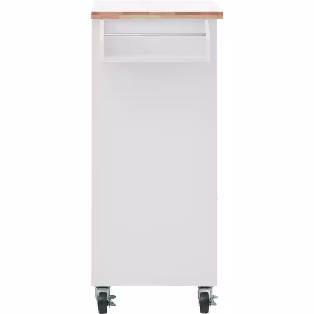 None Brown Solid Wood Top 41.34 in. White Kitchen Island Cart on 4-Wheels with 2-Drawers and 3-Open Shelves