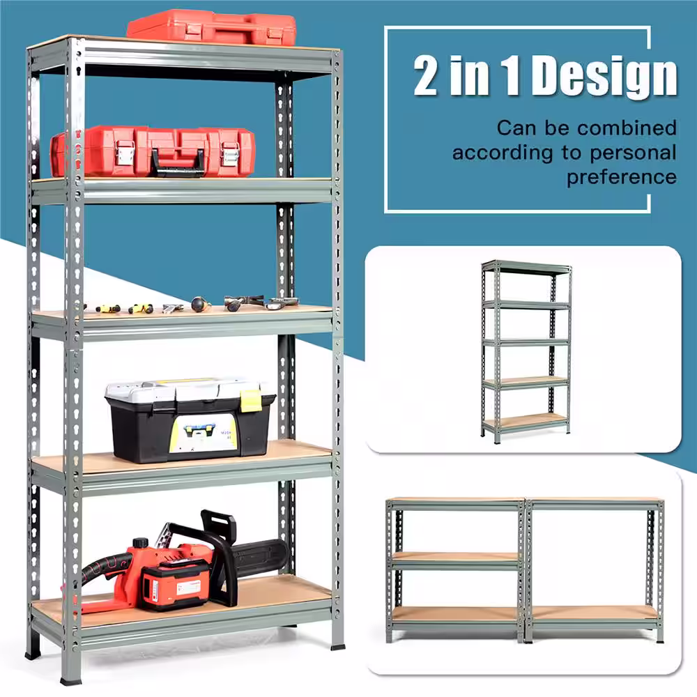 Costway Gray 5-Tier Metal Storage Shelves 60 in. Adjustable Shelves (3-Pieces)