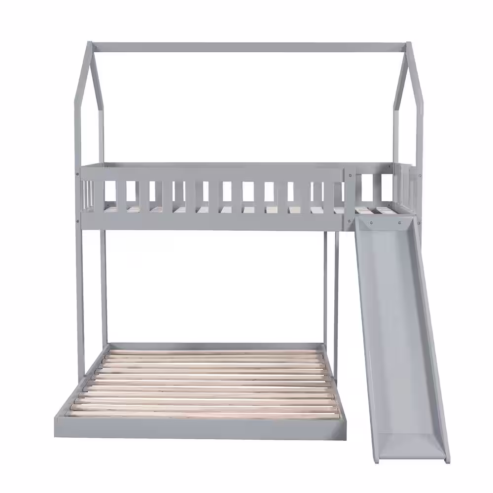Harper & Bright Designs Gray Twin over Full Wood House Bunk Bed with Built-in Ladder and Slide
