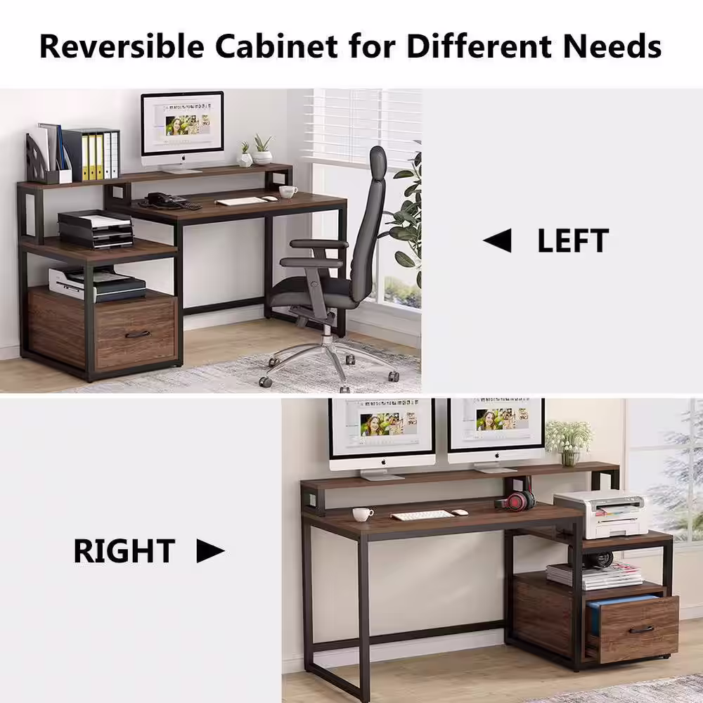 None Havrvin 61 in. Rectangular Rustic Brown Engineered Wood One Drawer Computer Desk with Two Open Shelf