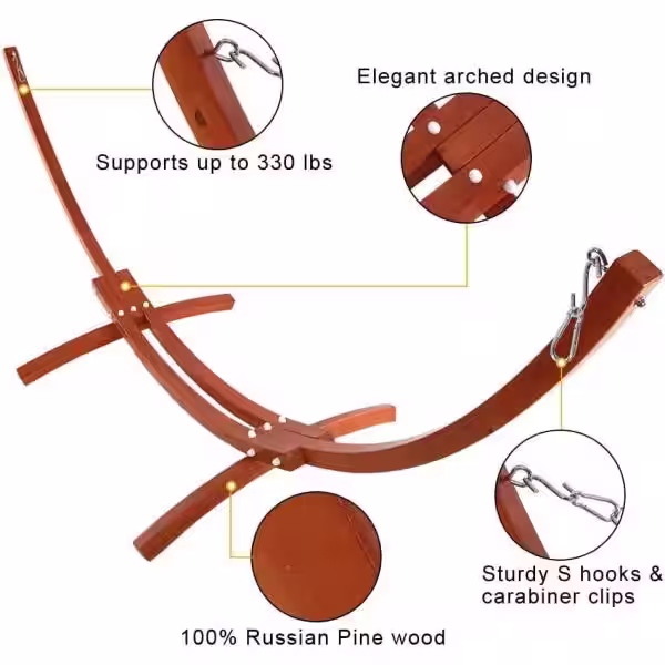 None 10.5 ft. Wooden Hammock Stand with Beige Double Hammock in Yellow Amber