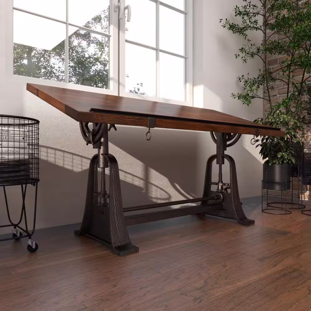 Litton Lane 30 in. Rectangle Brown Teak Wood Drafting Style Computer Desk with Tilting Top and Crank Height Adjustment