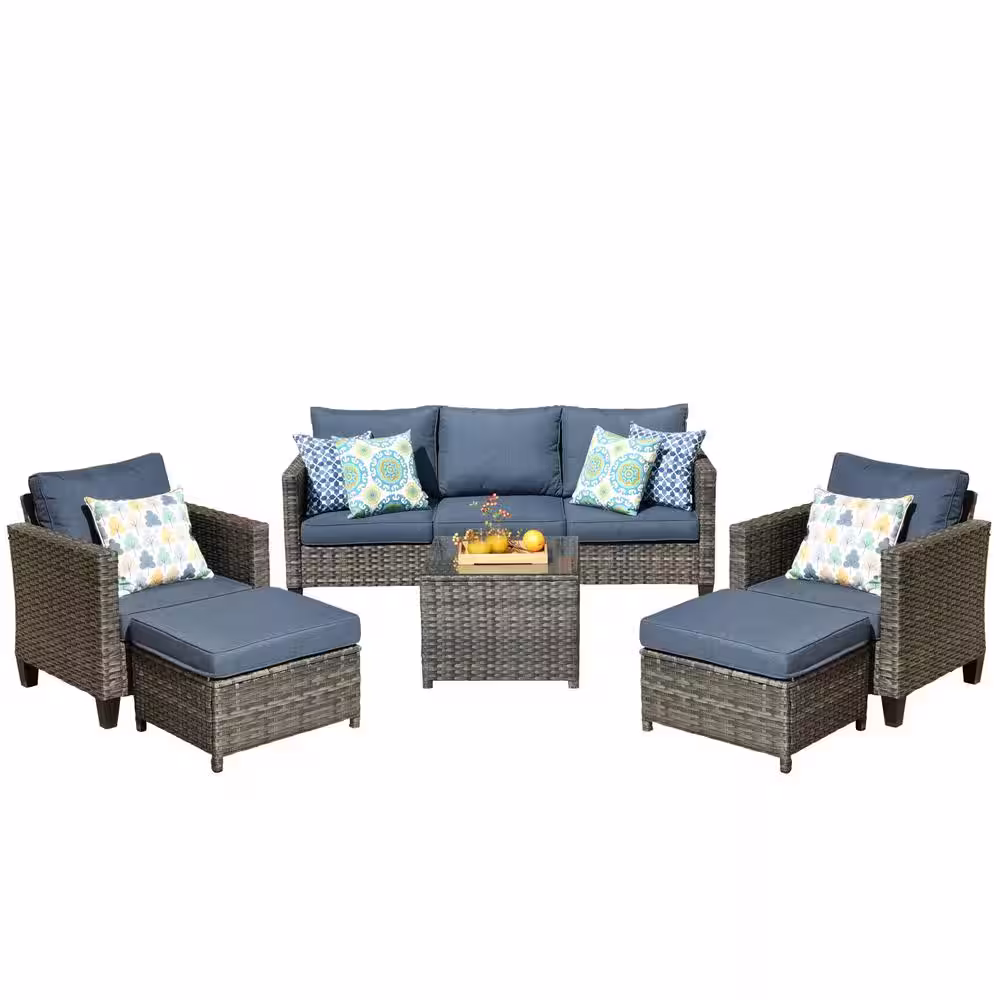 XIZZI Megon Holly Gray 6-Piece Wicker Outdoor Patio Conversation Seating Set with Denim Blue Cushions