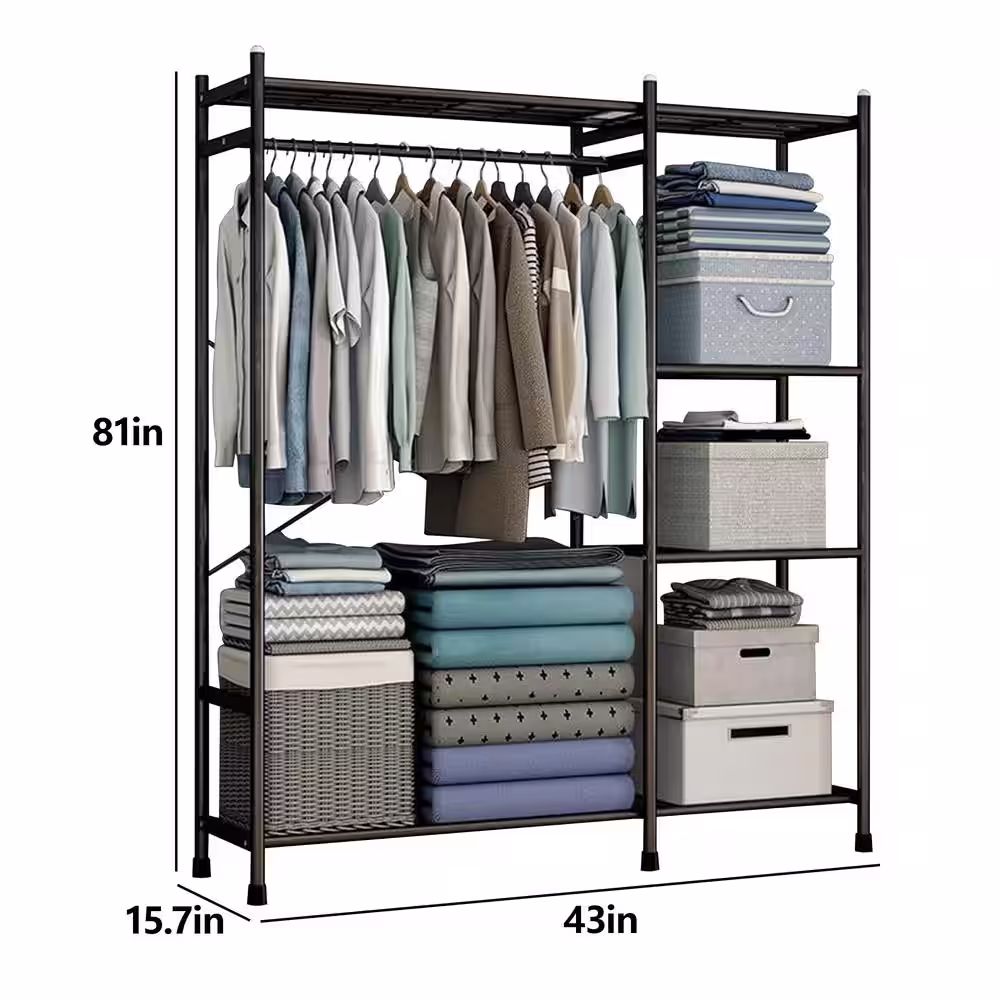 None Black Metal Garment Clothes Rack with Shelves 43 in. W x 81 in. H
