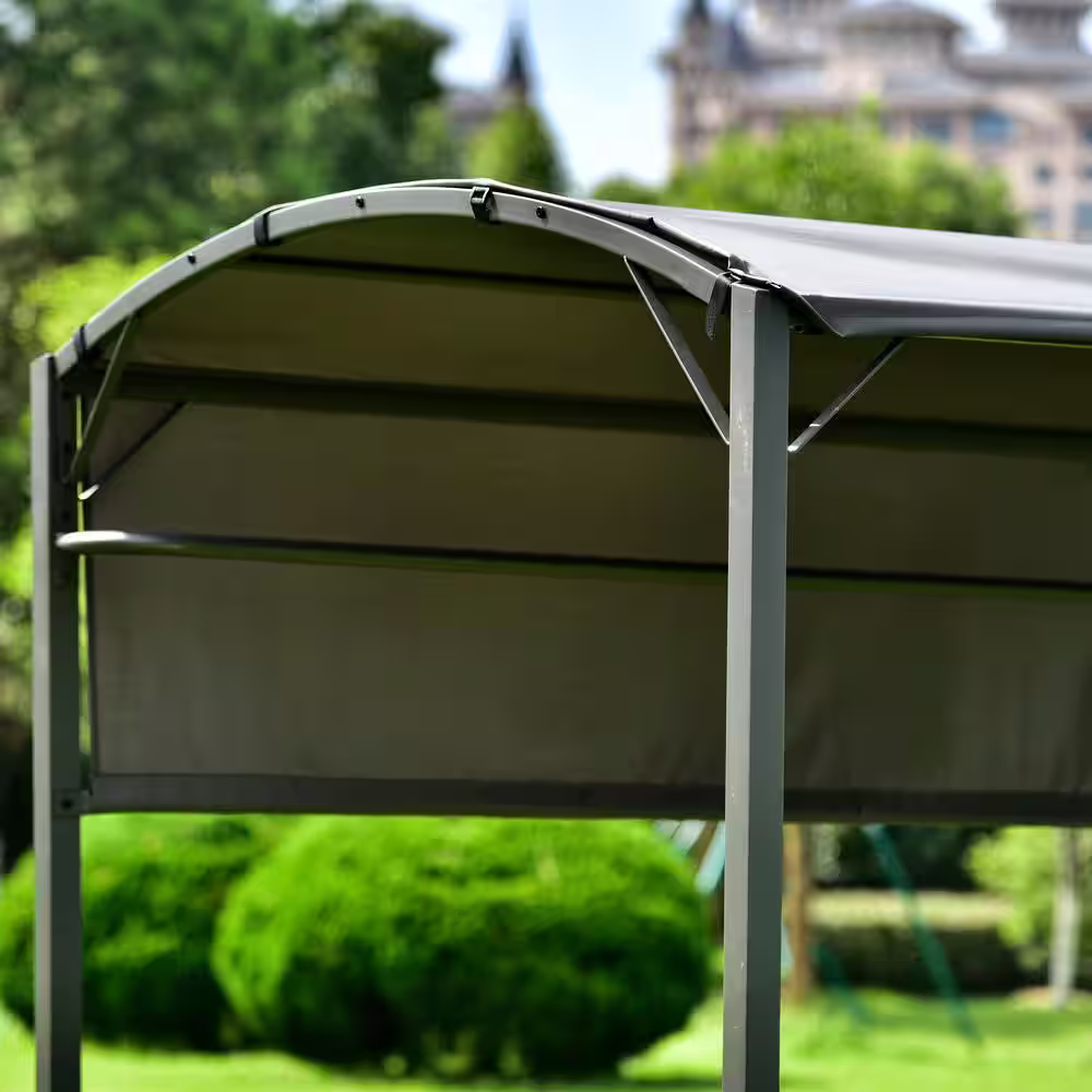 None 7 ft. x 6.8 ft. Steel Double-Layer Soft-Top BBQ Canopy Pavilion with Side Awning, Bar Counters and Hooks
