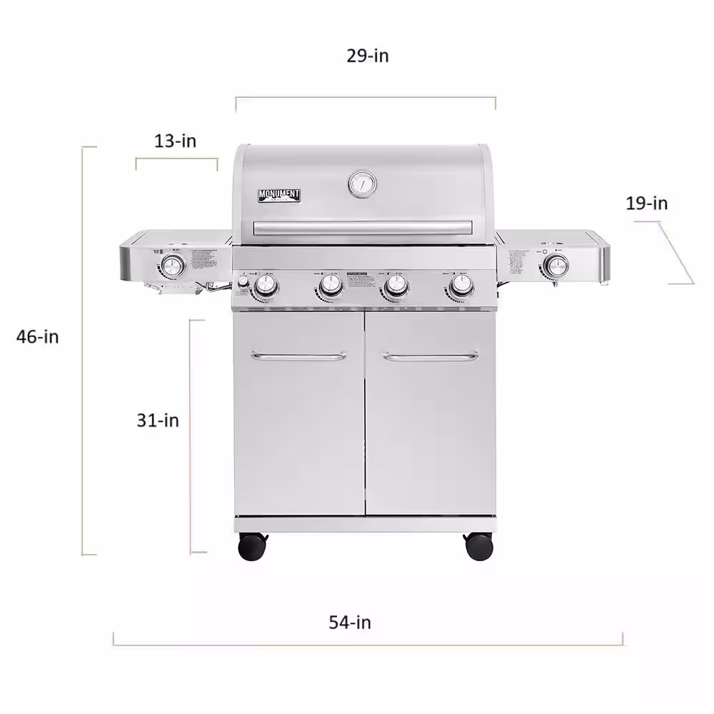 Monument Grills 4-Burner Propane Gas Grill in Stainless with LED Controls, Side and Side Sear Burners