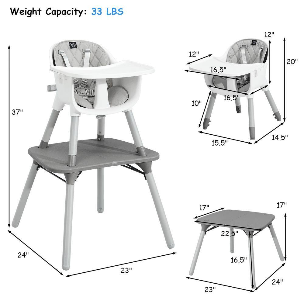 Costway 4 in 1-Baby Highchair Gray Plastic Convertible Toddler Table Chair Set with PU Cushion