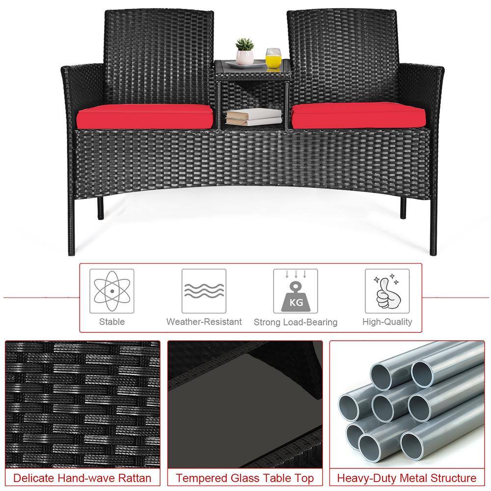 Costway Modern Black 1-Piece Wicker Patio Seating Set with Red Cushions