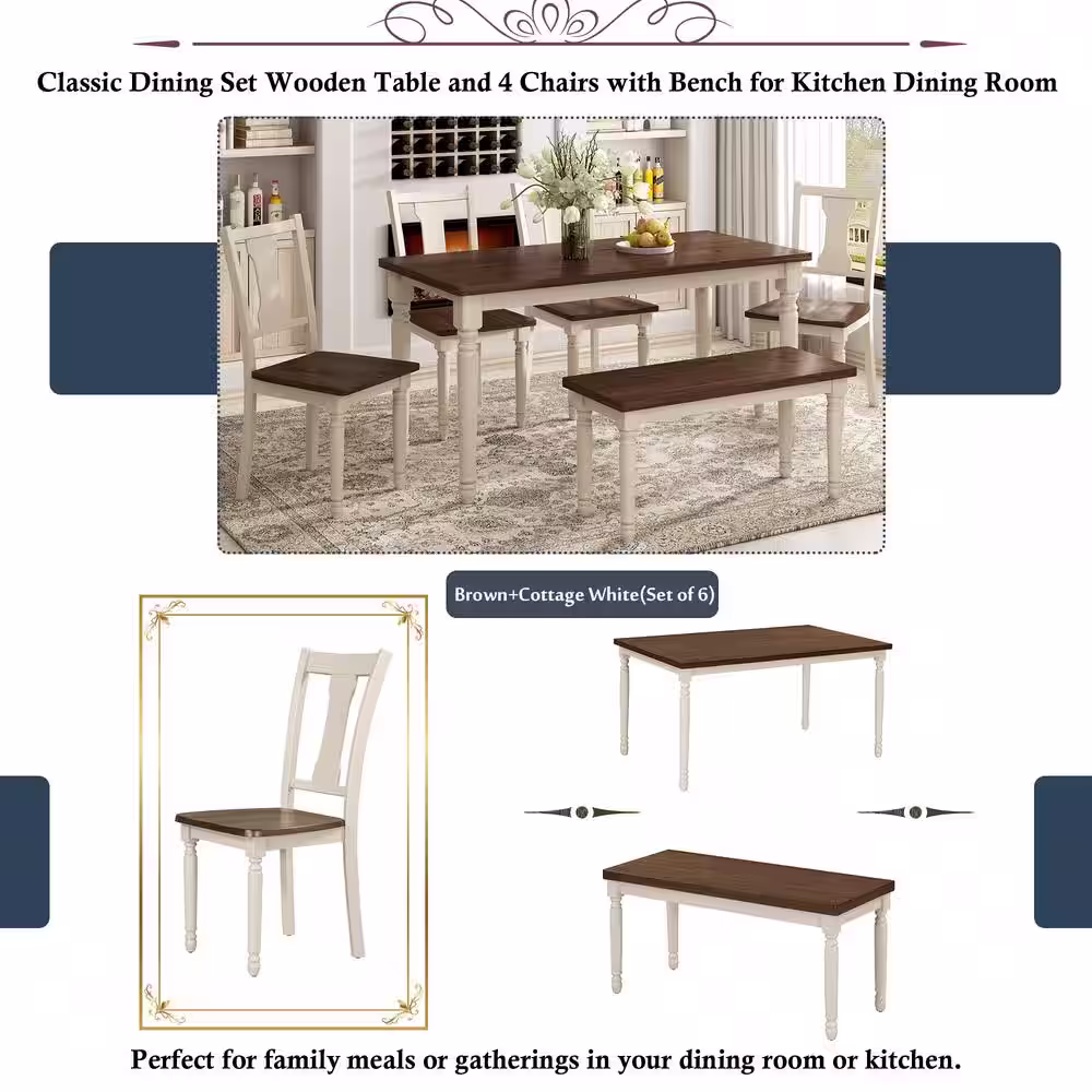 Qualler Brown 6-Piece Wood Top Dining Table with 4 Chairs and Bench