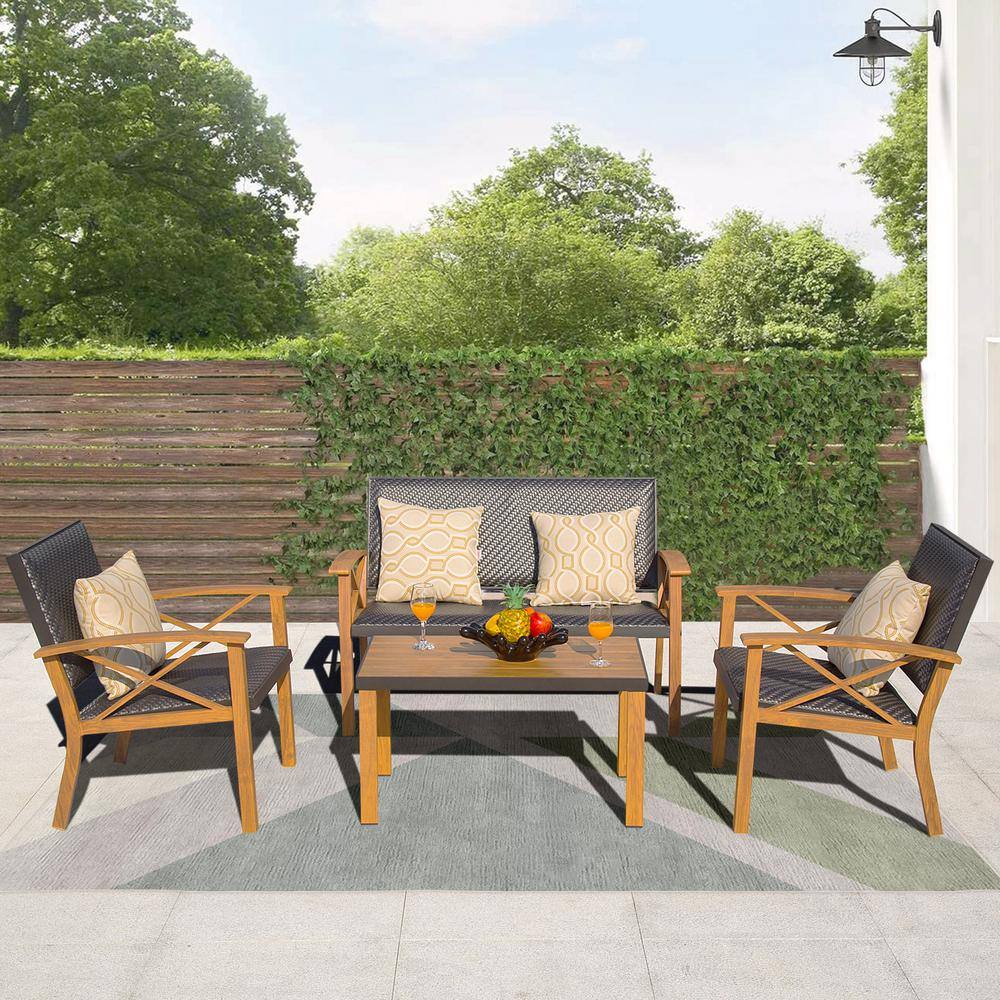 None Wood-Look 4-Piece Aluminum Outdoor Bistro Conversation Set with Brown Cushioned Wicker and Sunbrella Beige Pillows