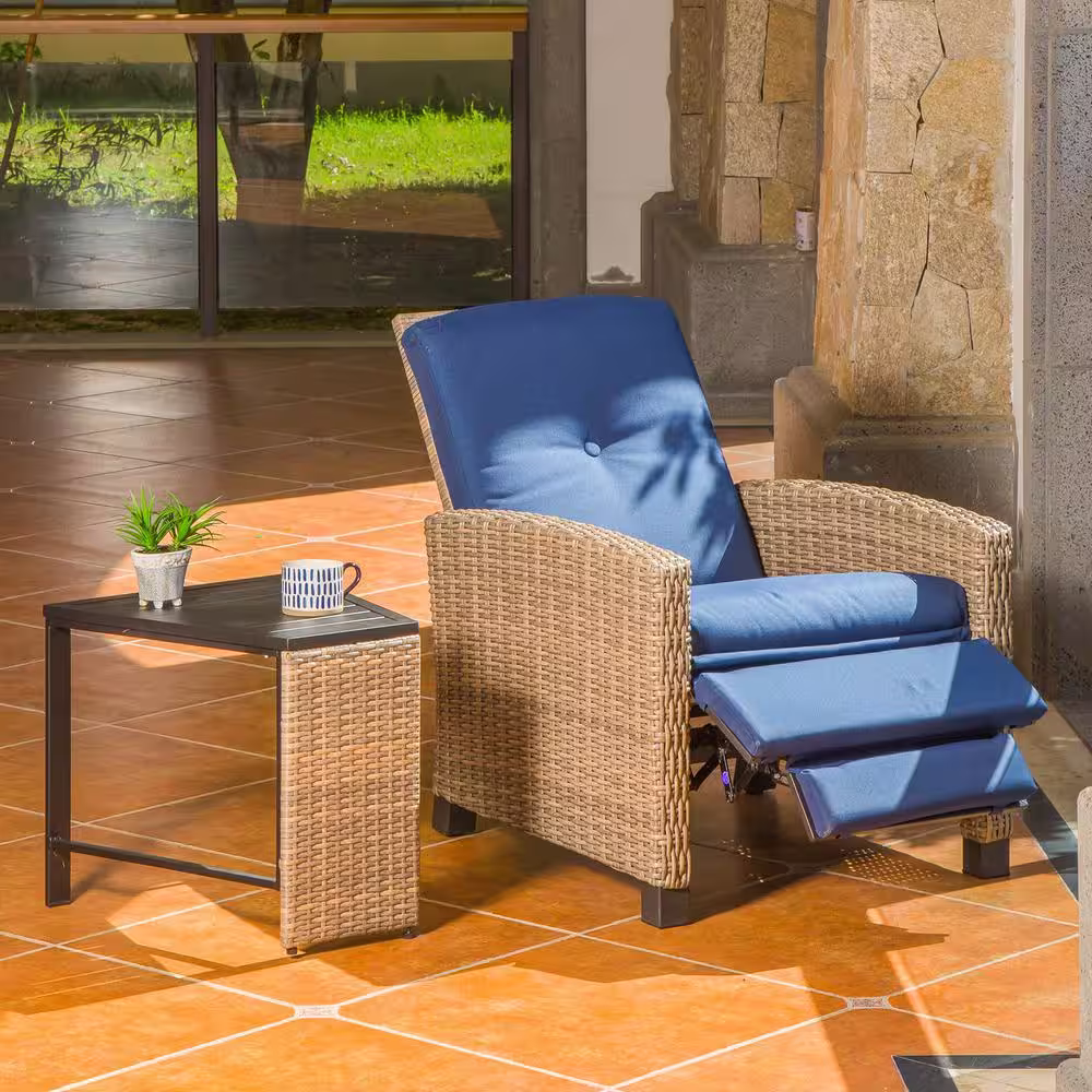 None Brown 2-Piece Wicker Outdoor Bistro Recliner Set with Blue Cushions