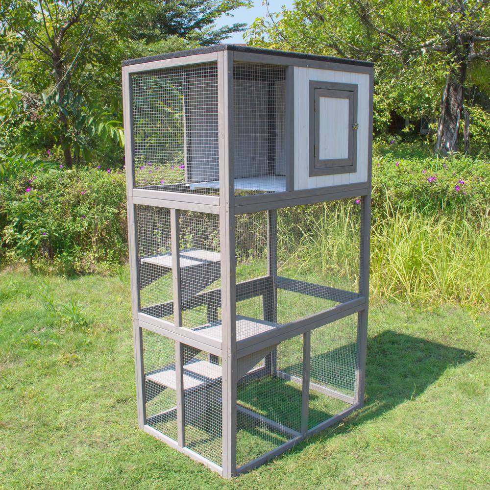 zoovilla Grey and White Cat Climber with Partially Enclosed House Area and Large Run