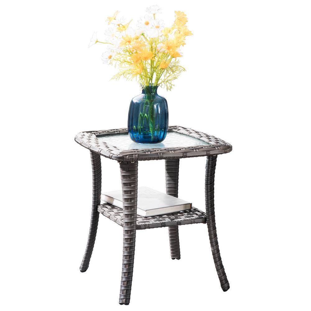 XIZZI Moonlight Gray 3-Piece Wicker Patio Conversation Seating Sofa Set with Denim Blue Cushions and Swivel Rocking Chairs