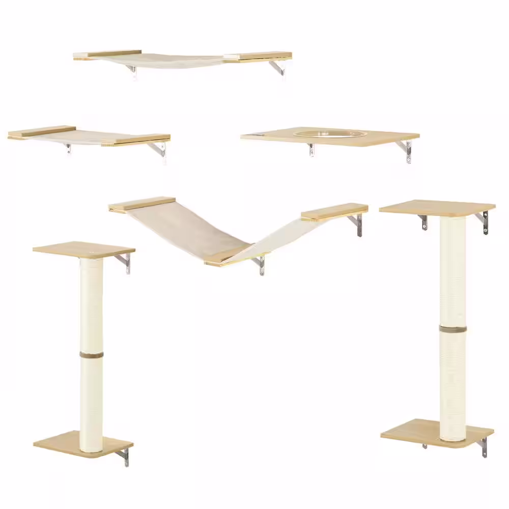 PawHut 6-Pieces Cat Wall Shelves, Pet Wall-mounted Climbing Shelf Set with Ladders, Scratching Posts, Jumping Platforms, Oak