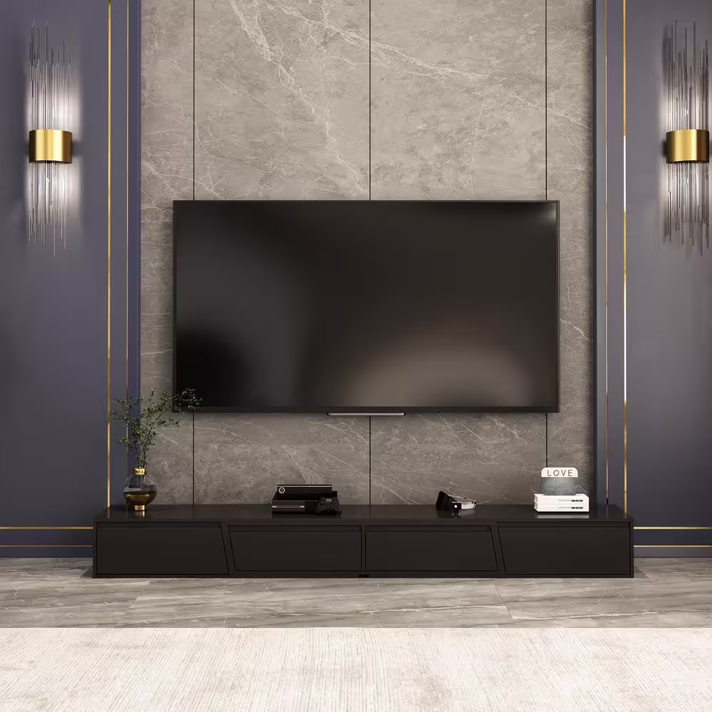 None Modern Wood Black TV Media Console Entertainment Center with Adjustable Length and Drawers Fits TV's up to 100 in.