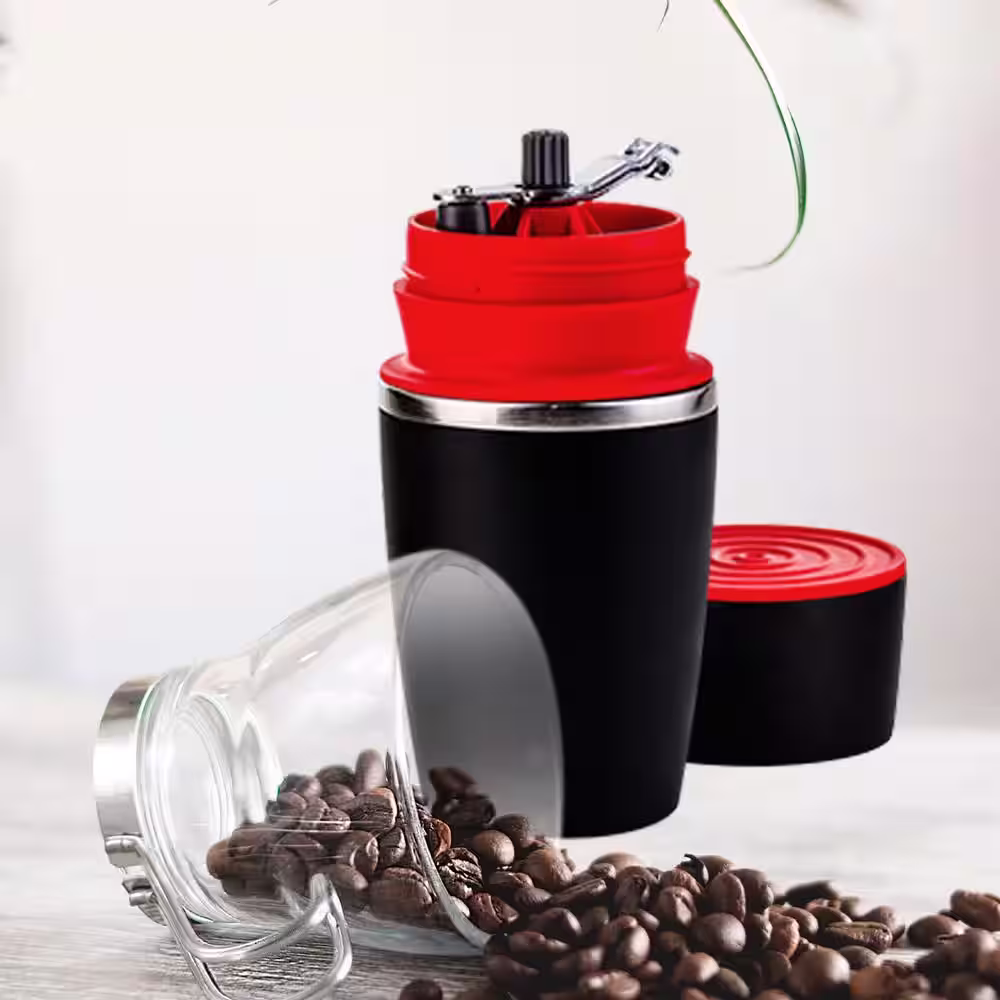 OVENTE Single Serve Red Coffee Grinder, 2-in-1 Carafe Coffee Maker Machine, With Insulated Cup