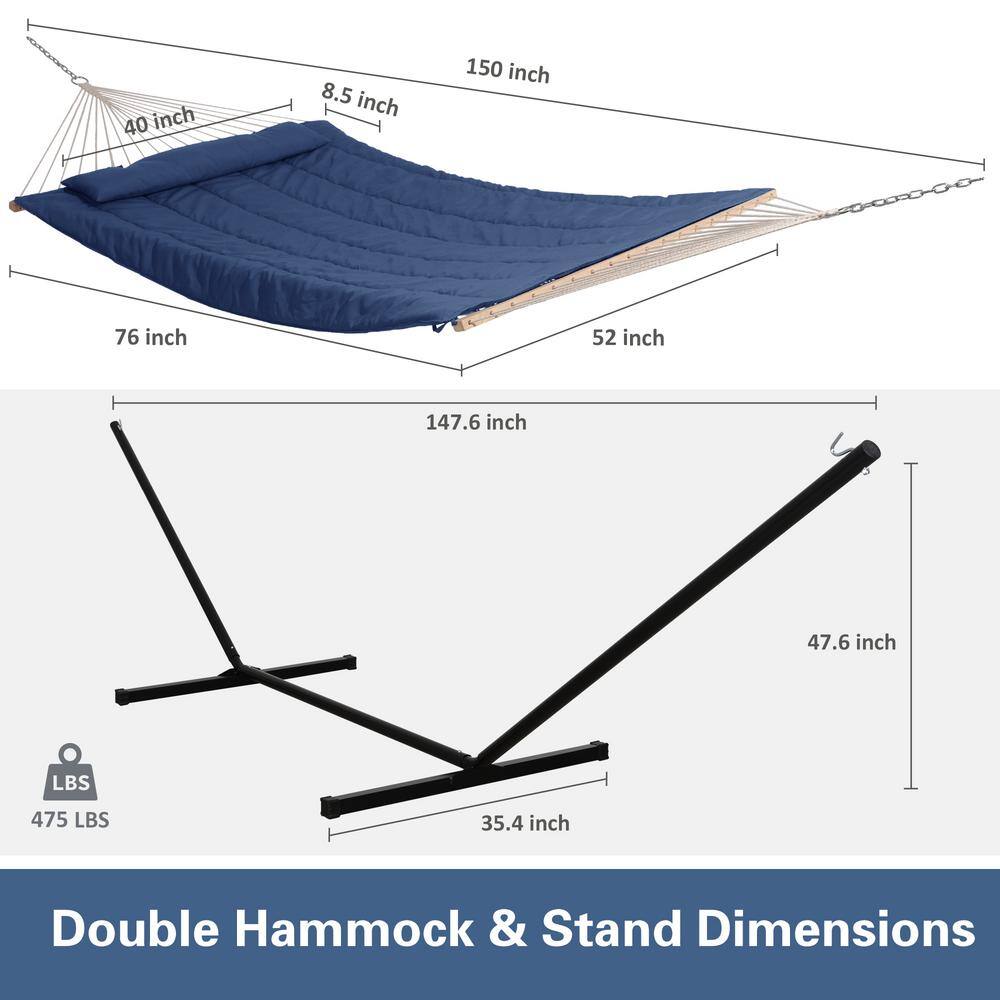 None 10 ft. x 12 ft. Quilted Rope Hammock and 12 ft. Steel Hammock Stand with Detachable Pillow, Navy