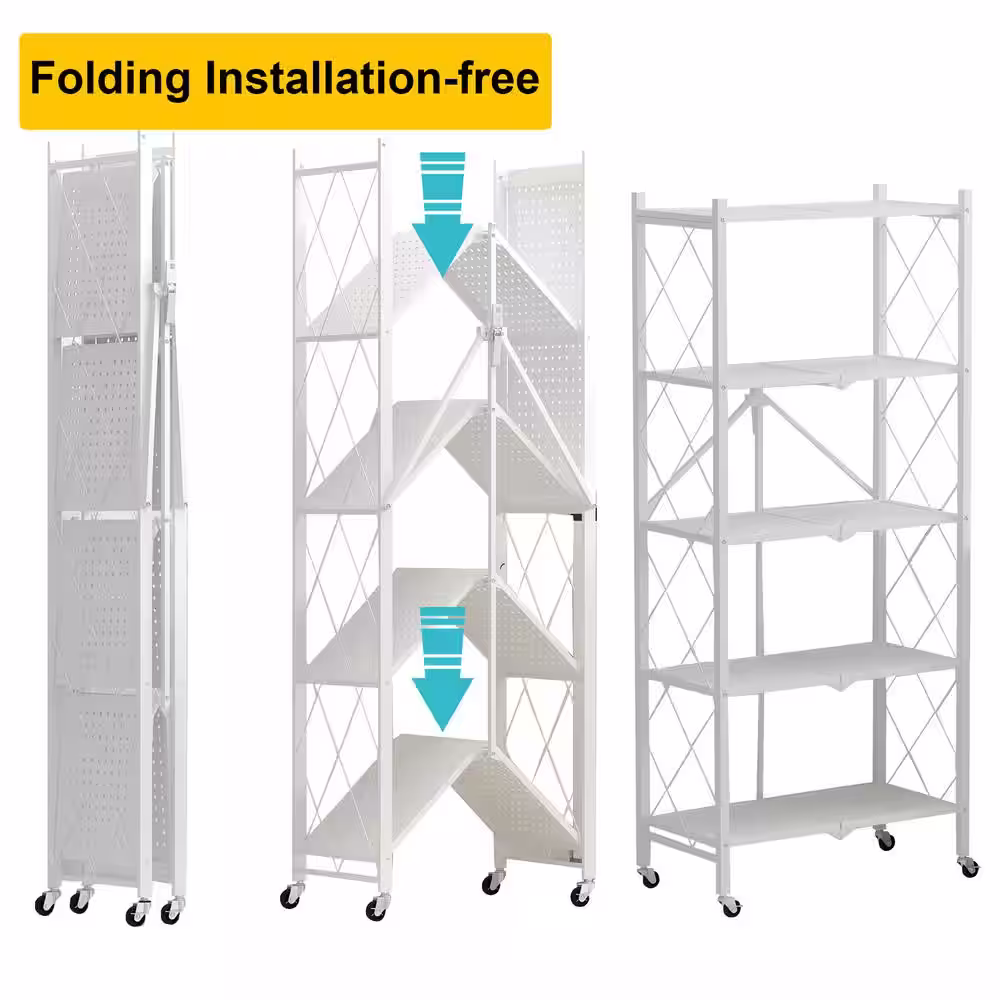 FUFU&GAGA 64.3 in. H White Metal 10-Shelf Freestanding Standard Bookcase Foldable Metal Shelf Shelving Unit With Wheels