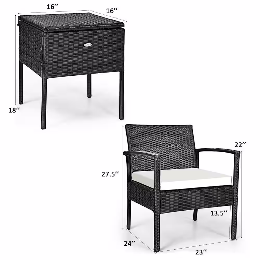 Costway 3-Piece Wicker Outdoor Patio Rattan Bistro Furniture Set with White Cushion and Storage Table