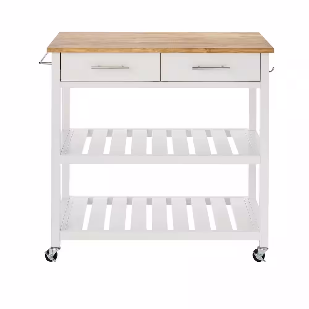 StyleWell Glenville Cream White Rolling Kitchen Cart with Butcher Block Top, Double-Drawer Storage and Open Shelves (36