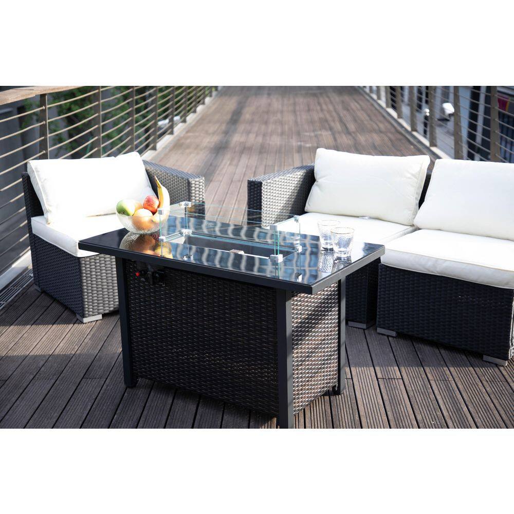 None Modern Black Rectangle Shape Wicker Fire Pit Table with Lid