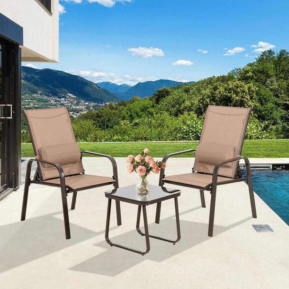 Alpulon Brown 3-Piece Metal Outdoor Bistro Set with Adjustable Backrest and Coffee Pillows