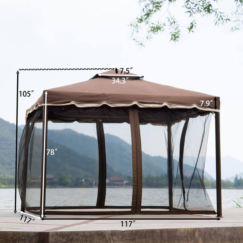 None 9.8 ft. W x 9.8 ft. D x 8.8 ft. H Brown Outdoor Steel Vented Dome Top Patio Gazebo with Netting