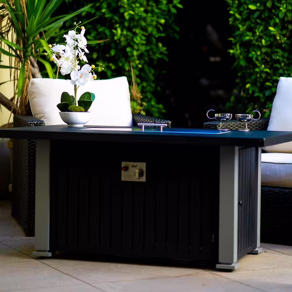DIRECT WICKER Maxwell 52 in. x 35 in. Aluminum Rectangle Chat Propane Fire Pit Table in Gray with Cover