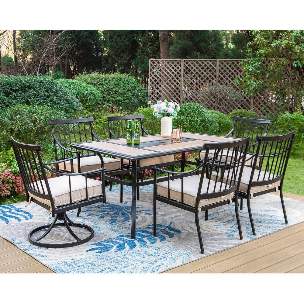 None 7-Piece Metal Patio Outdoor Dining Set with Wood-Look Tabletop and Swivel Chairs with Beige Cushion