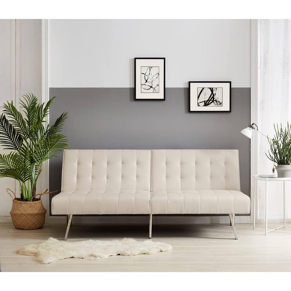 HOMESTOCK Cream, Faux Leather Tufted Split Back Futon Sofa Bed, Couch Bed, Futon Convertible Sofa Bed with Metal Legs