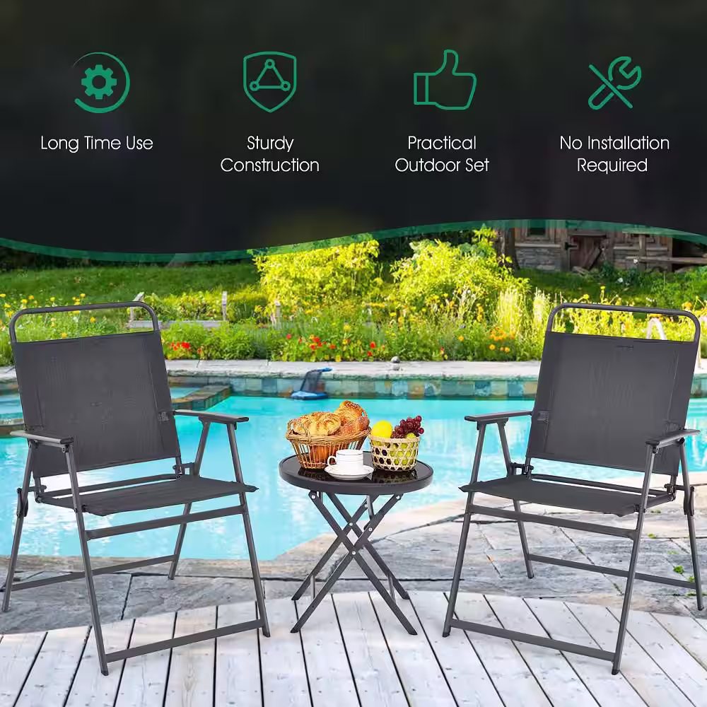 Costway 18 in. 3-Piece Metal Rectangular Outdoor Serving Bar Set Folding Table and Chairs Garden Deck Black