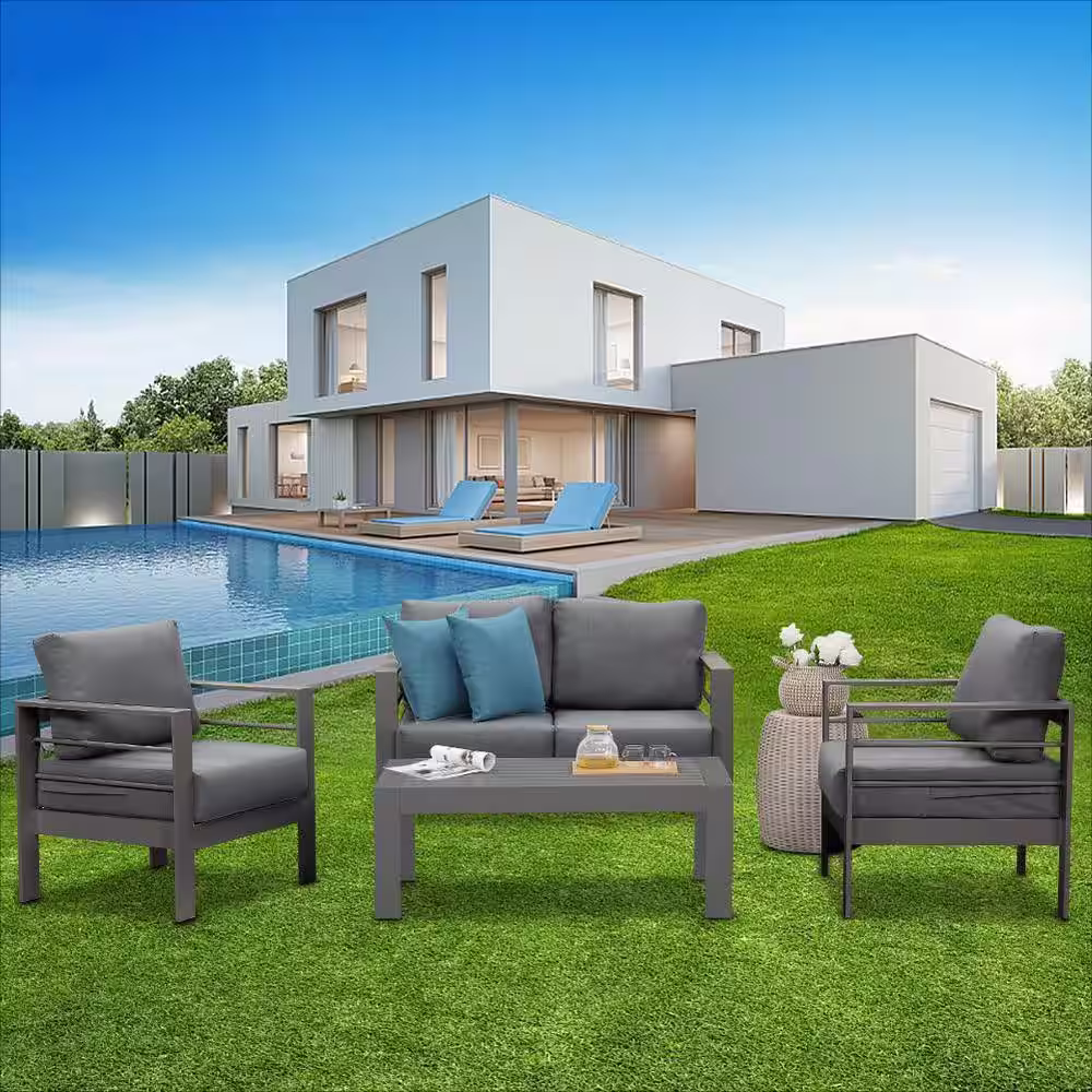 SUNVIVI Grey 4-Piece Aluminum Patio Conversation Set with Dark Grey Cushions