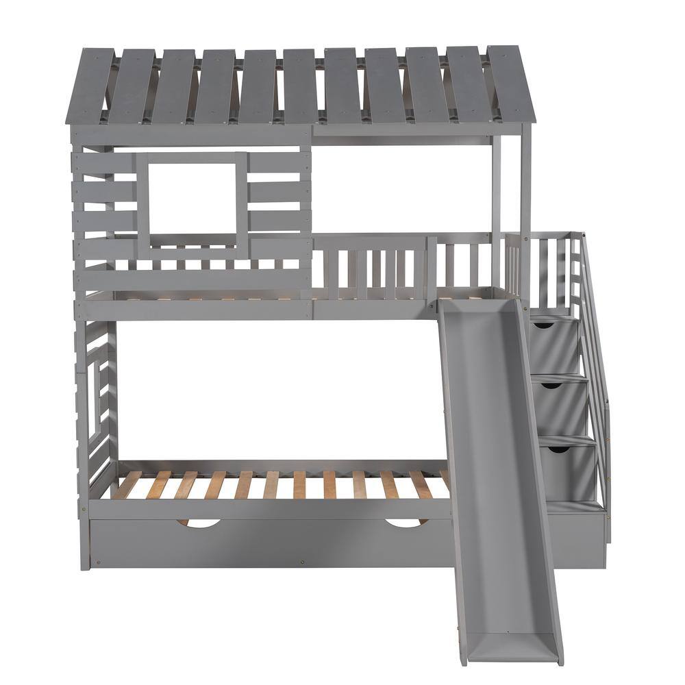 Qualler Gray Twin Over Twin House Bunk Bed With Trundle and Slide