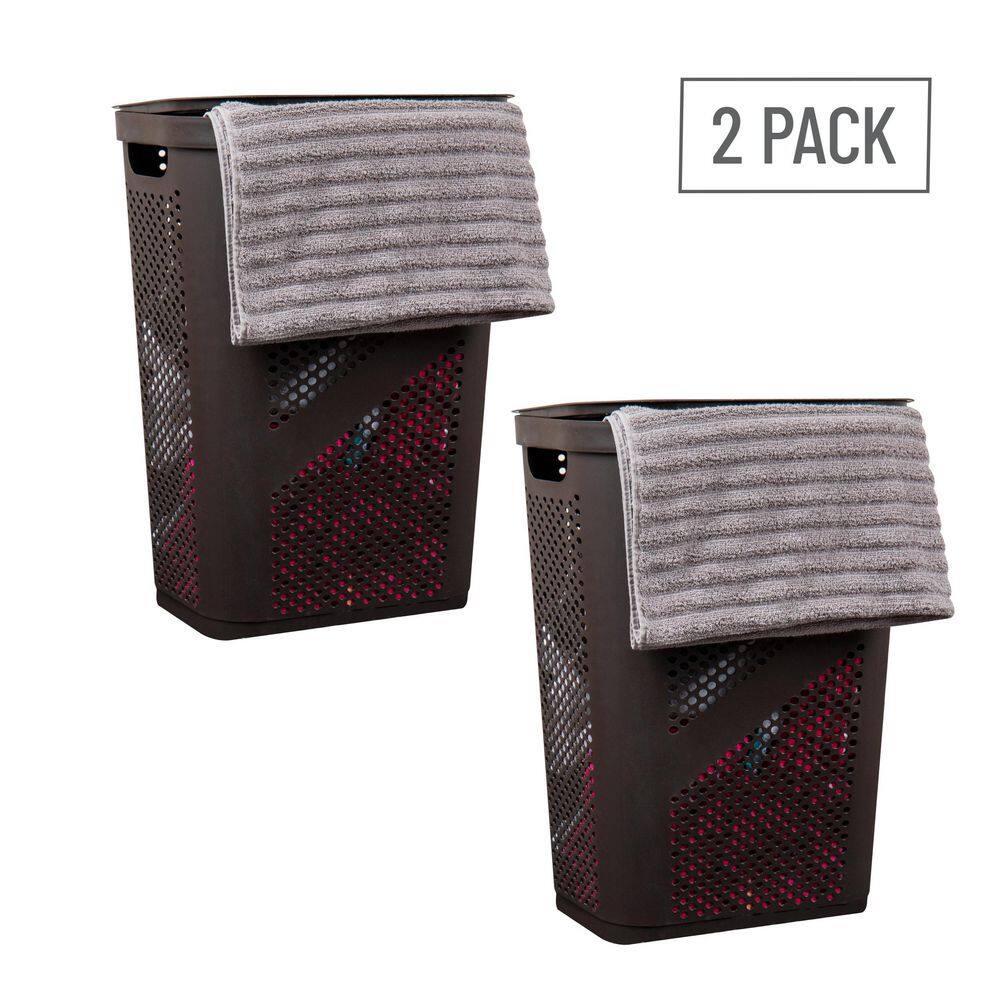 Mind Reader Basket Collection Laundry Hamper, 60 Liter (15kg/33lbs) Capacity, Cut Out Handles, Attached Hinged Lid, Set of 2, Brown