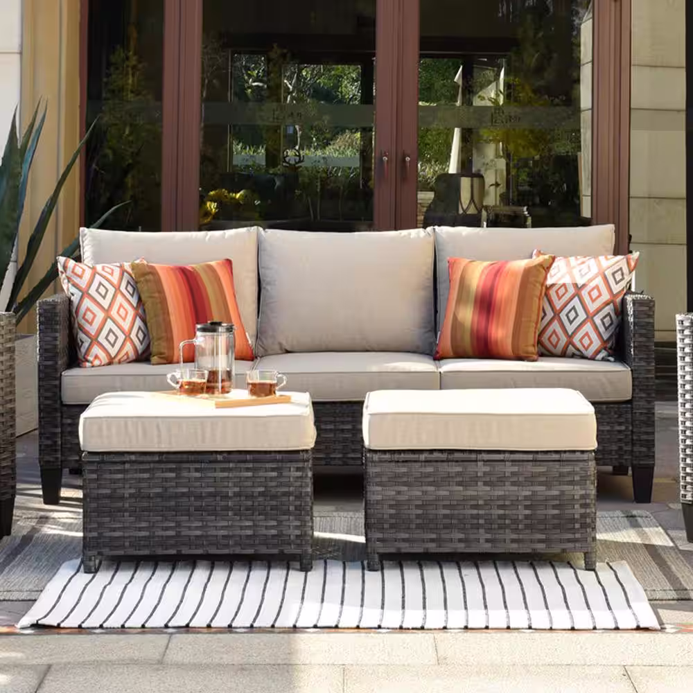 OVIOS Positano Gray 7-Piece Wicker Patio Conversation Set with with Beige Cushions