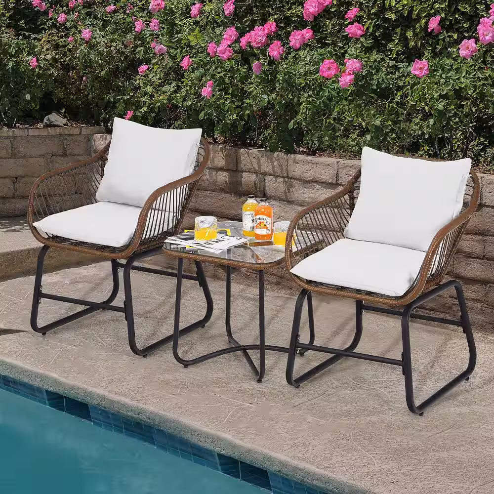 Costway 18.5 in. Brown 3-Piece Patio Wicker Square Outdoor Bistro Set with White Cushions