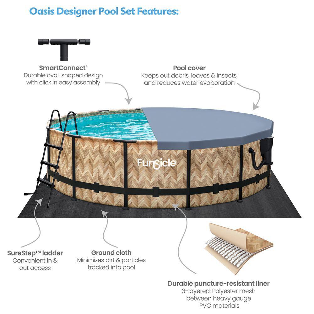 None 14 ft. Round 42 in. Deep Metal Frame Above Ground Pool, Oak Herringbone