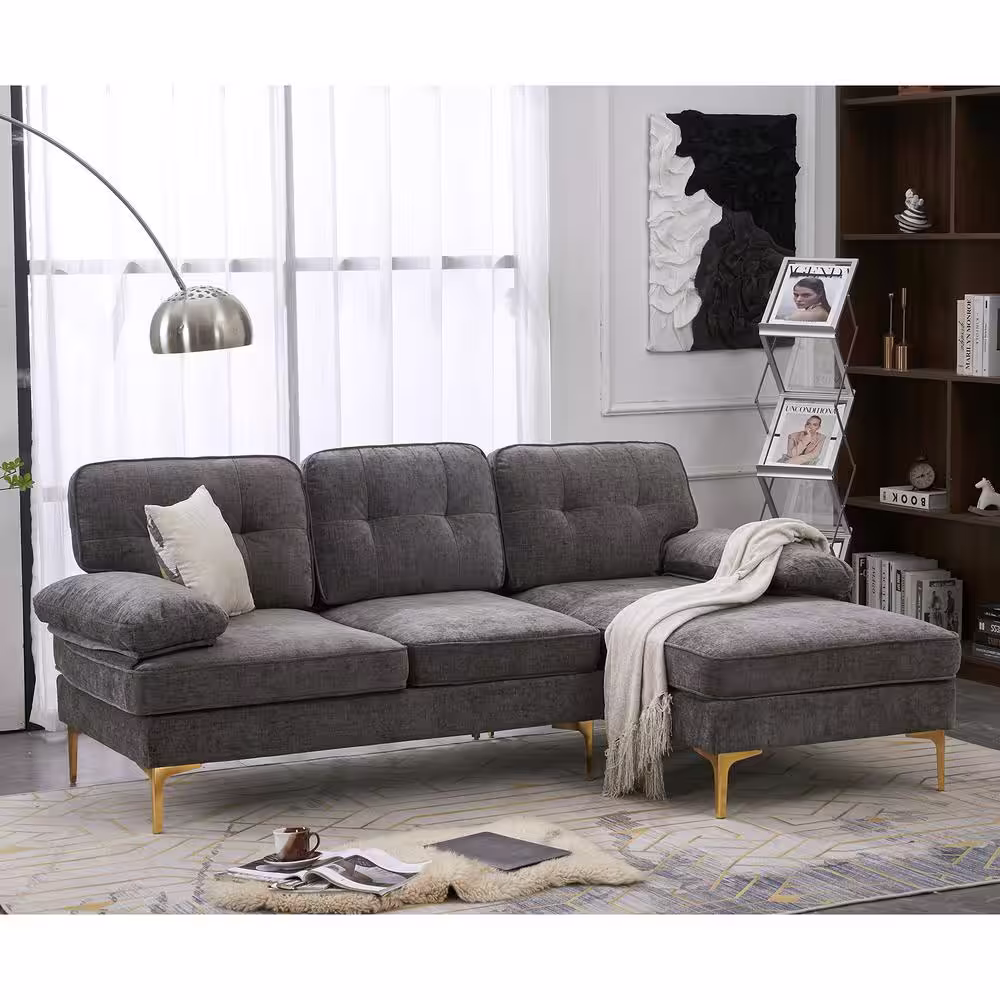 None 83 in. Wide Square Arm Chenille Mid-Century L-Shaped Sofa in Dark Gray 3-Seats