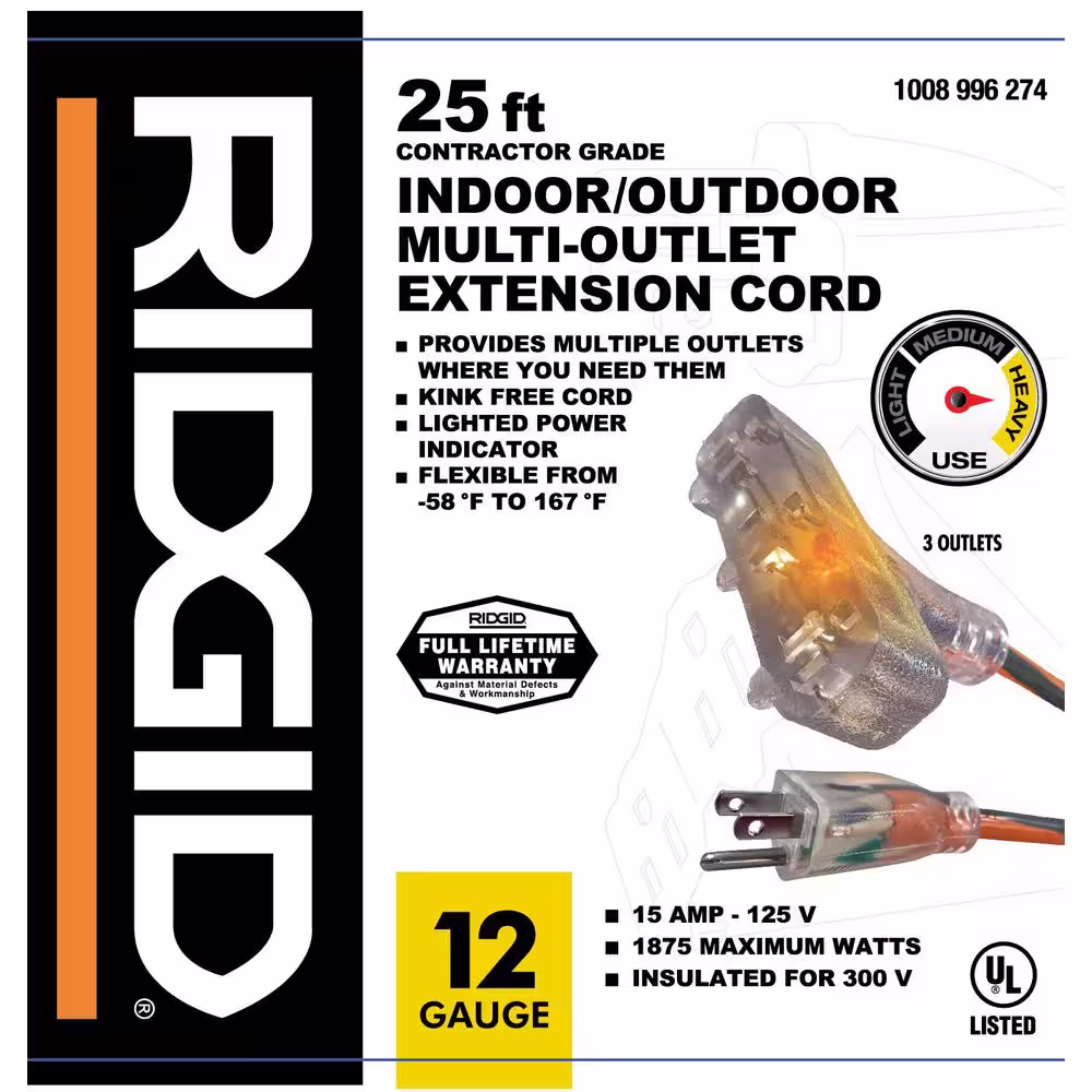 RIDGID 25 ft. 12/3 Heavy Duty Indoor/Outdoor Extension Cord with Tritap Lighted End, Orange/Grey