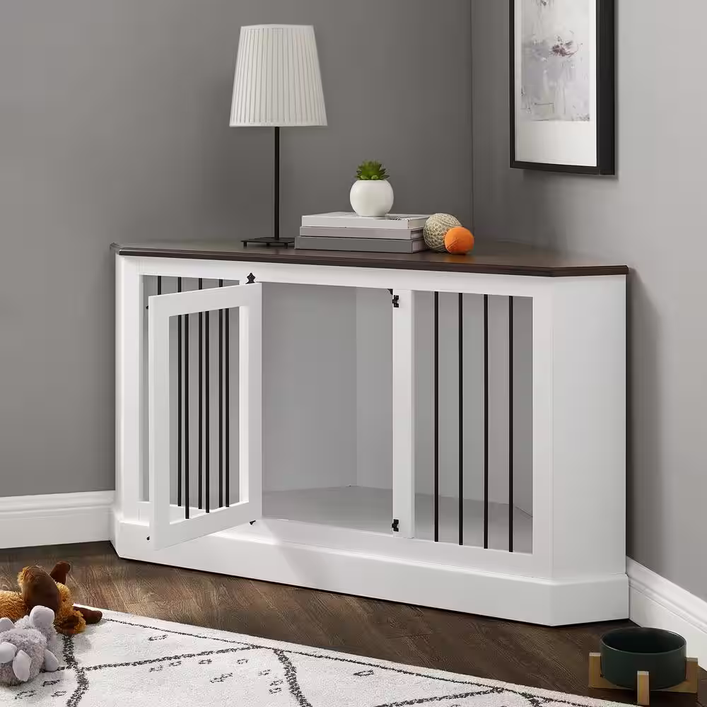 CROSLEY FURNITURE Winslow 53.25 in. White Triangle Composite Top Console Table with Dog Crate