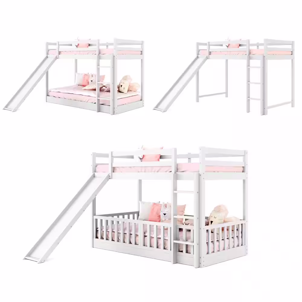 Harper & Bright Designs White Twin Over Twin Wood Bunk Bed with Slide and Ladder