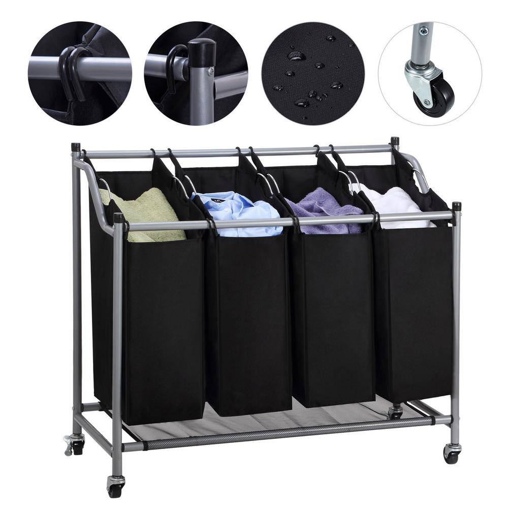 None 37.6 in. W x 15.2 in. D x 32.7 in. H Fabric Laundry Basket Hamper with Wheels Black