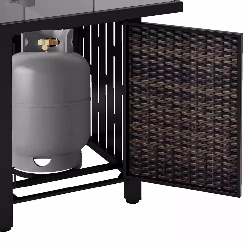 None 43 in. Dark Brown Rectangular Rattan Propane Gas Fire Pit Table 50,000-BTU with Ceramic Tabletop Water-Resistant Cover