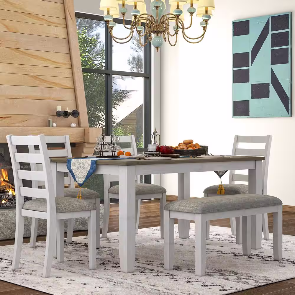 Harper & Bright Designs Rustic Style 6-Piece White Solid Wood Dining Set with 4-Upholstered Chairs and Bench