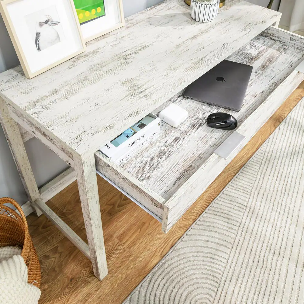 None Willow Farmhouse 18.9 in. Rectangular White Wood 1-Drawer Computer Desk