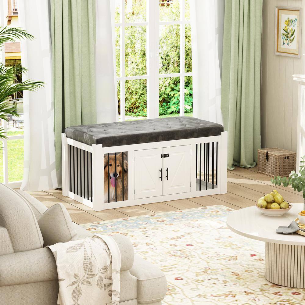 None Modern Bed End Bench Dog Crate, Dog Kennel Indoor Wooden Crate Entryway Bench Furniture for Living Room Bedroom Entryway