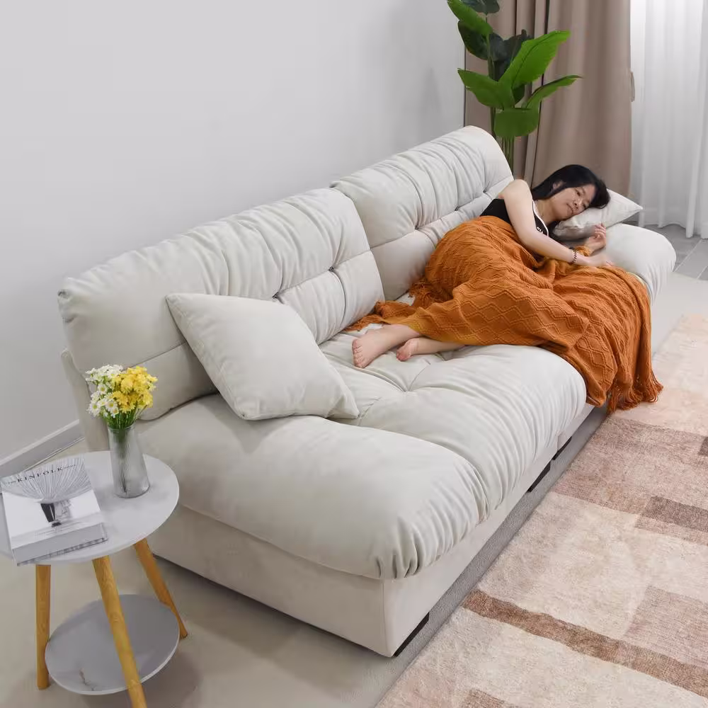 J&E Home 89 in. W Square Arm Velvet Rectangle 3-Seats Modern Cloud Sofa in Beige