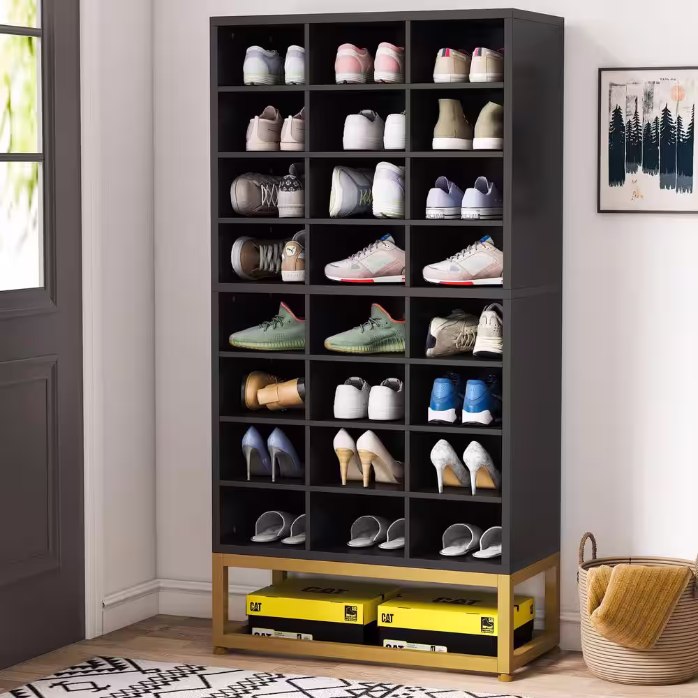None 55 in. H x 25 in. W Black 24-Pairs Shoe Storage Cabinet, 8-Tier Shoe Rack