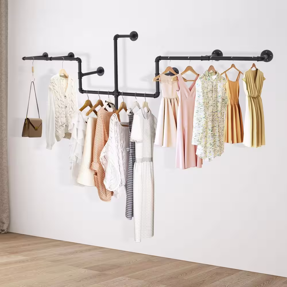 None Black Iron Wall Mounted Clothes Rack 85.83 in. W x 30.71 in. H